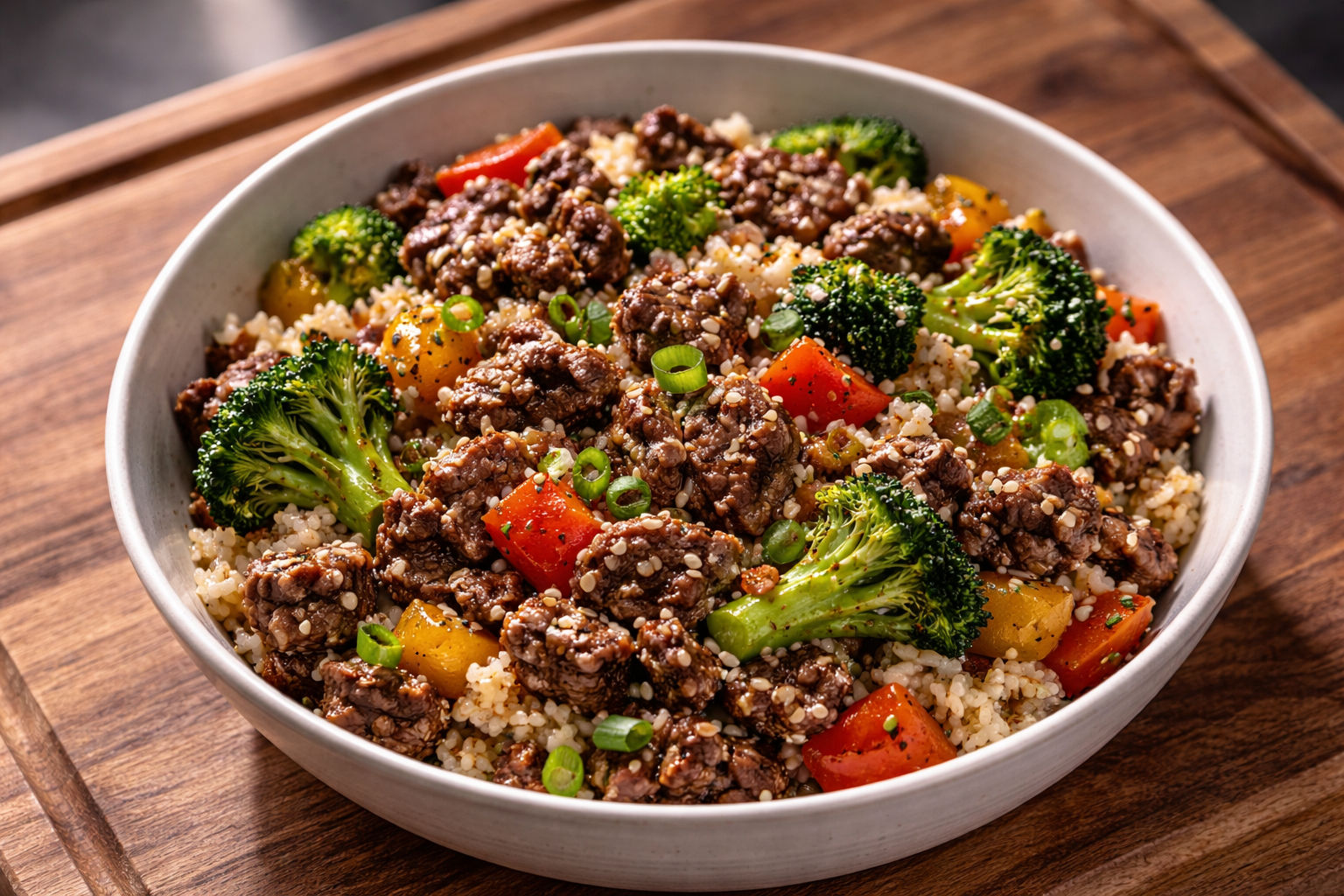 High protein ground beef stir fry with mixed vegetables and rice in a skillet (~43g protein)