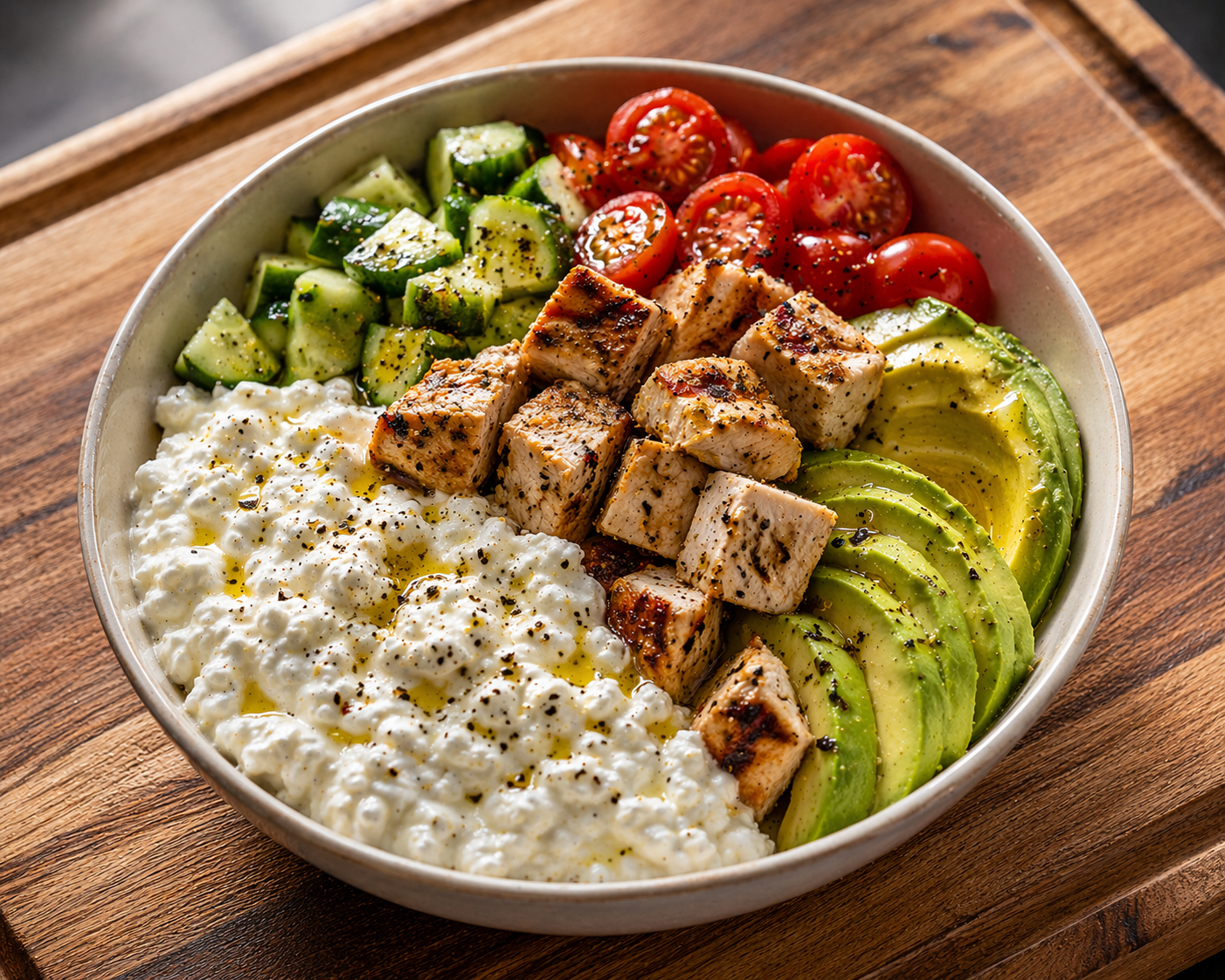 No-cook cottage cheese power bowl with chicken, avocado, and toppings in a bowl (~48g protein)